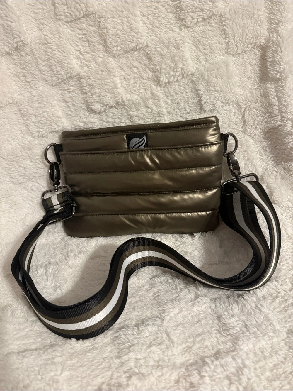 THINK ROYLN Olive Green Quilted Crossbody with Striped Removable Strap